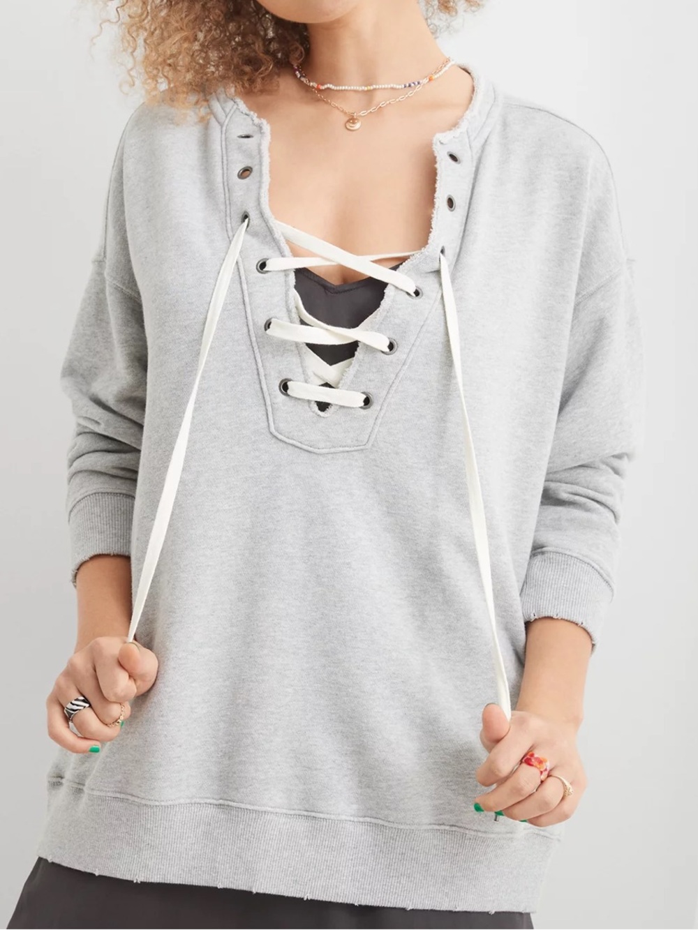 AERIE Lace Up Oversized crew Sweatshirt